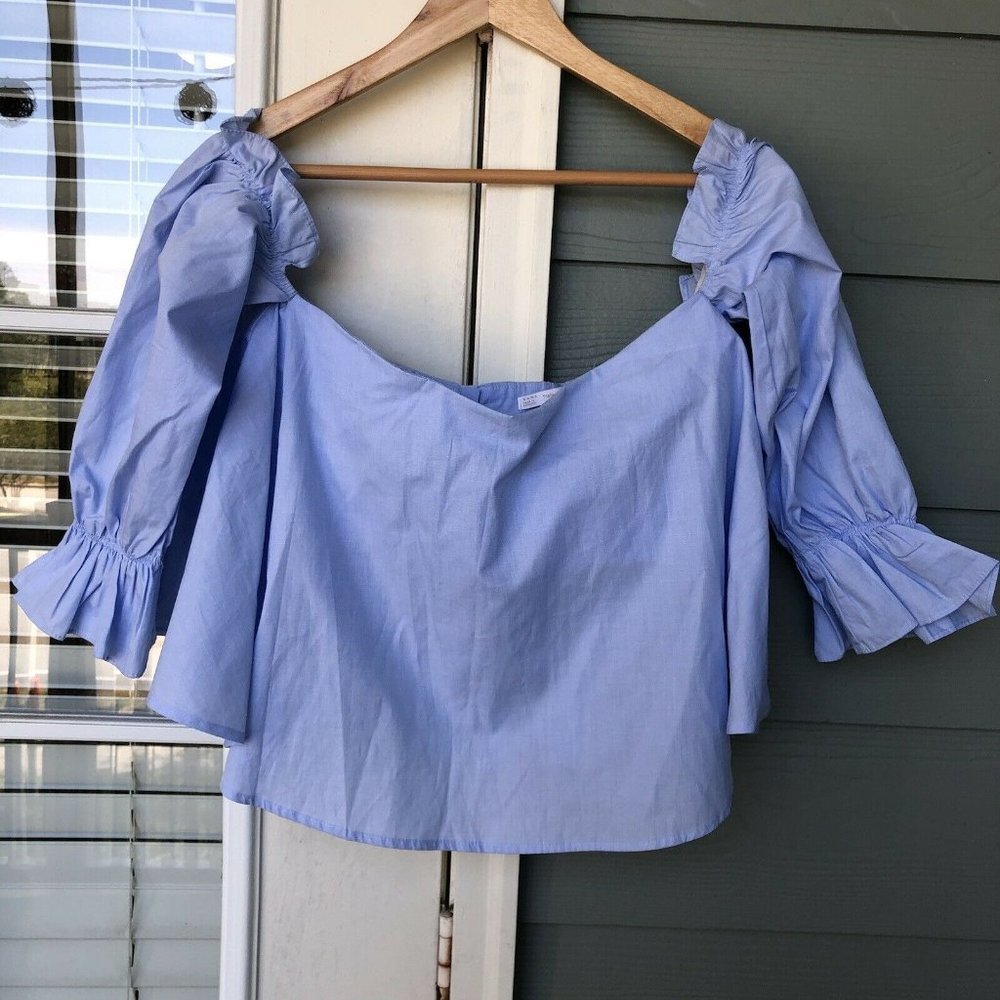 Zara Trafaluc Off Shoulder Top Blue Shirt Ruffles Cropped Button Long Sleeve Med